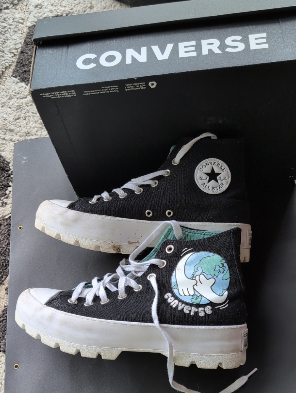 Converse Black High Top Sneakers with Teal Earth Graphic